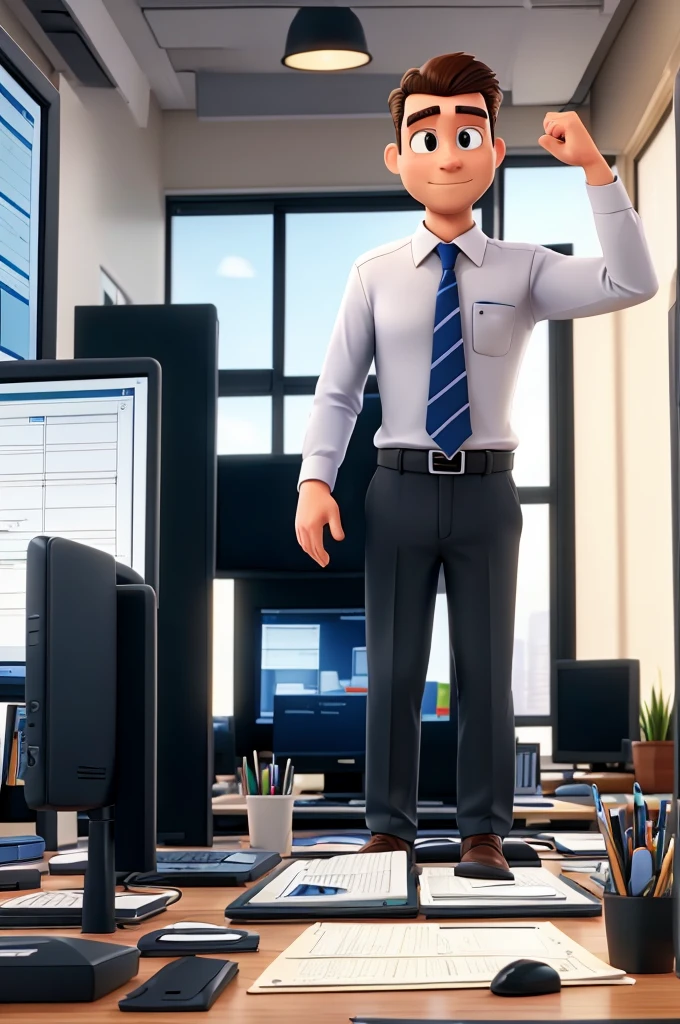 Create a professional man by working on a project! In front of a computer screen, he is planning a Lean Management planning framework! On your computer screen, the phased structure of your Lean Management project should appear!