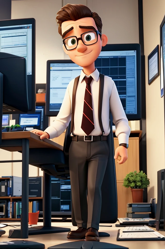 Create a professional man by working on a project! In front of a computer screen, he is planning a Lean Management planning framework! On your computer screen, the phased structure of your Lean Management project should appear!