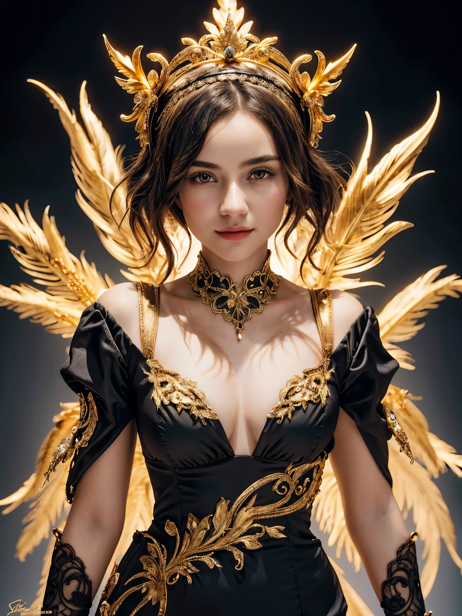 1girl, show upper body, cowboy shot, intricate ornate filigree headpiece, super details, concept art, crystal, detailed golden feathers, sharp focus, still life macro photography, (best_quality, masterpiece:1.2), (highly detailed), (4k, 8k, uhd, high_resolution, highres), full breasts,