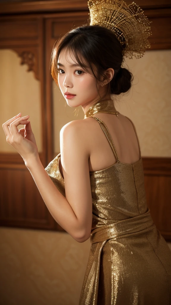 A girl in an elegant pose、It blends in perfectly with the rich texture of Borneo's lush jungle.。, Demonstrate her uncanny ability to adapt to her surroundings. image, Resembles a museum-quality masterpiece, Vibrant colors and intricate details come to life. Every detail is carefully crafted, From the girl's enchanting skin, Perfectly blended with a variety of foliage, Her slender, Agile limbs, Relax on a tree branch々It is stuck at、Beautiful big breasts:1.3、(Chameleon on his head)