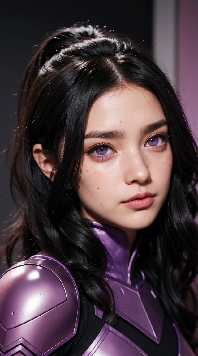 A woman with wavy black hair and purple eyes, Black alien armor, freckles, blush, eye shadow, Cute face