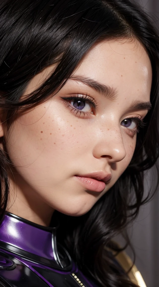 A woman with wavy black hair and purple eyes, Black alien armor, freckles, blush, eye shadow, Cute face