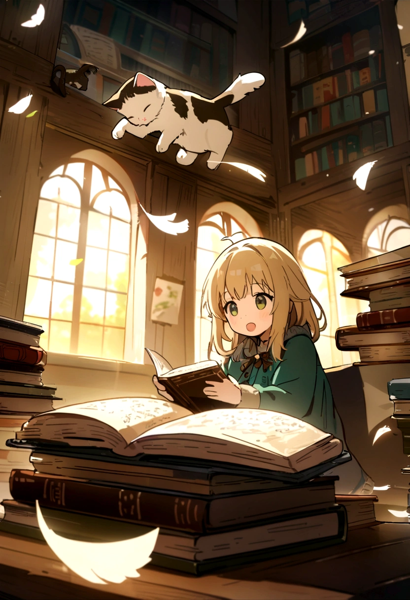 Highest quality、masterpiece、Detailed CG、cute cat、Norwegian Forest Cat、Handwritten style、icon、A cat sits on a book、(The book is floating in the air)、Books in the air、Flying Book