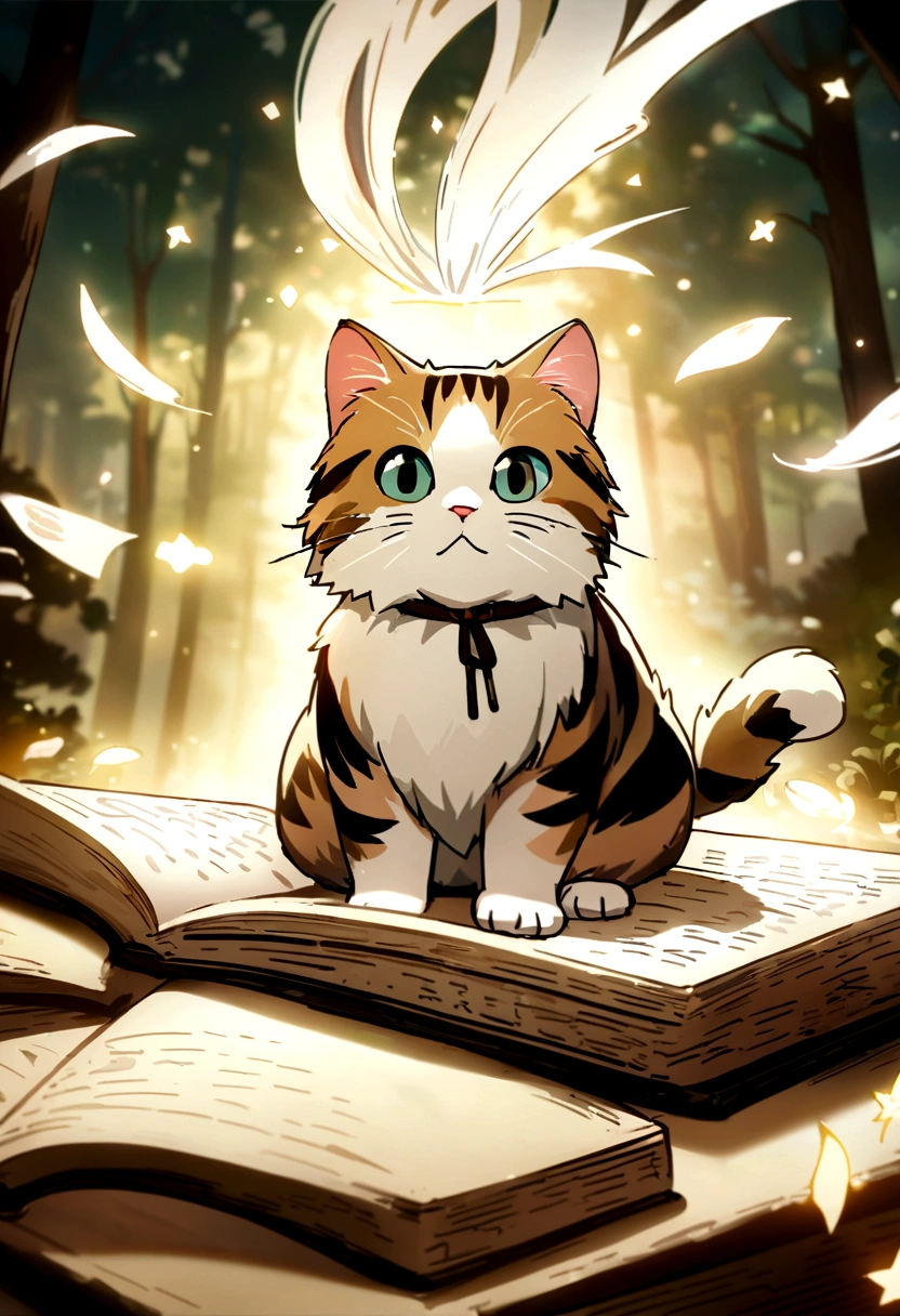 Highest quality、masterpiece、Detailed CG、cute cat、Norwegian Forest Cat、Handwritten style、icon、A cat sits on a book、（The book is floating in the air）、Books in the air、Flying Book