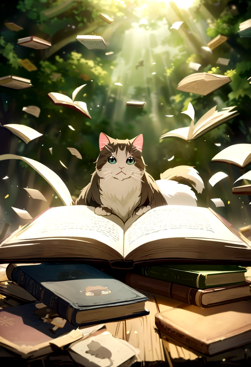 Highest quality、masterpiece、Detailed CG、cute cat、Norwegian Forest Cat、Handwritten style、icon、A cat sits on a book、(The book is floating in the air)、Books in the air、Flying Book