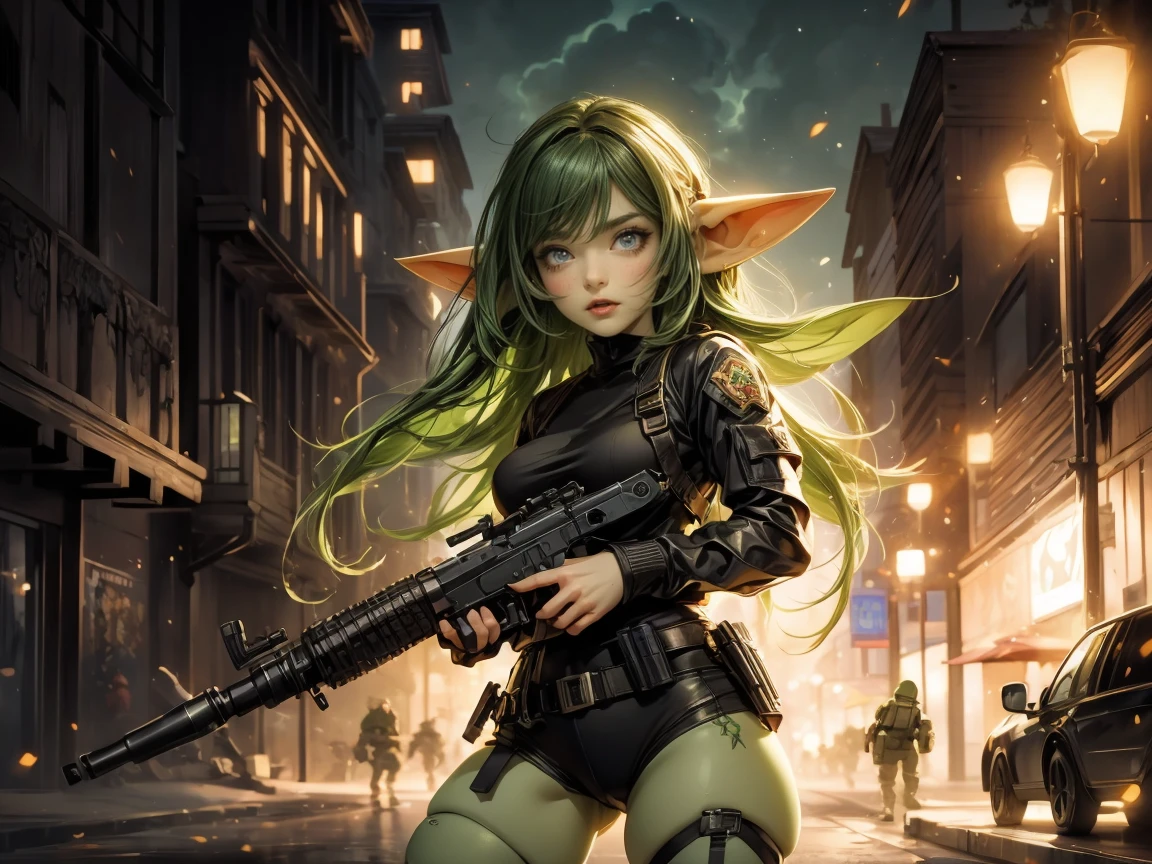 ((best quality)), ((masterpiece)), (detailed), goblin girl, (green skin), shortstack, wearing military gear, holding grenade launcher, manic, pyromaniac, acrion shot, dynamic pose, cinematic still, firing at a target building, explosions, long black hair blowing back, manic expression, crazed expression, wide stance, crazy, anarchist, gritting teeth, happy, loves causing destruction