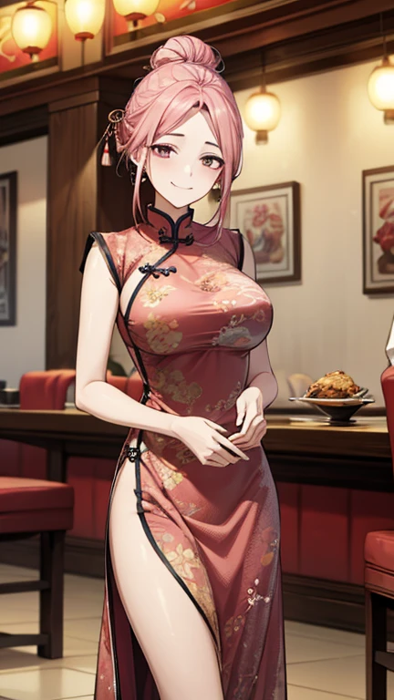 Highest quality,Masterpiece,8K,China Long Dress,,Big Breasts,Best Style,Droopy eyes,smile,Pink Hair,Hair Bun,Chinese restaurant,waiter,Are standing