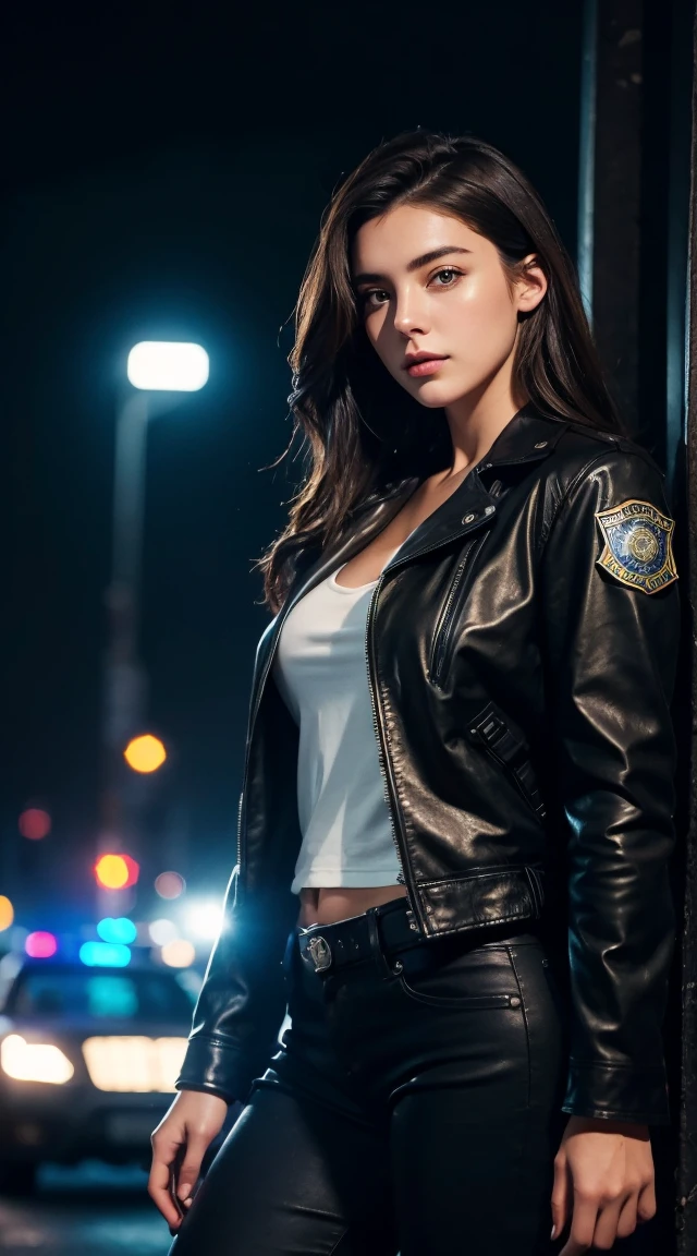 Portrait of a beautiful female model natlp, Georgia Fowler, Beautiful Face, Short dark brown hair, Cyberpunk city at night. She is wearing a leather jacket, Black jeans, Dramatic lighting, (Police Badge:1.2)