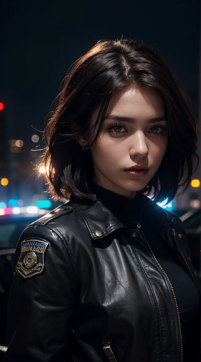 Portrait of a beautiful female model natlp, Georgia Fowler, Beautiful Face, Short dark brown hair, Cyberpunk city at night. She is wearing a leather jacket, Black jeans, Dramatic lighting, (Police Badge:1.2)