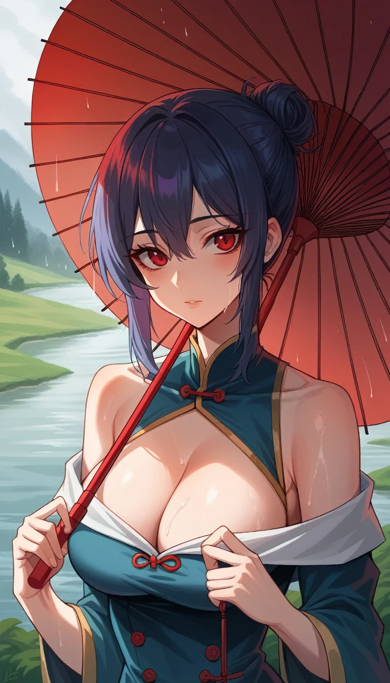 Chinese style,White Hanfu,Bai Suzhen holding an oil-paper umbrella,West Lake,bridge,Rainy Day,beautiful,Keen gaze,Half body,Close-up cleavage,Ultrafine,The hair is very detailed,The eyes are very detailed,Best quality,masterpiece,detailed,precise