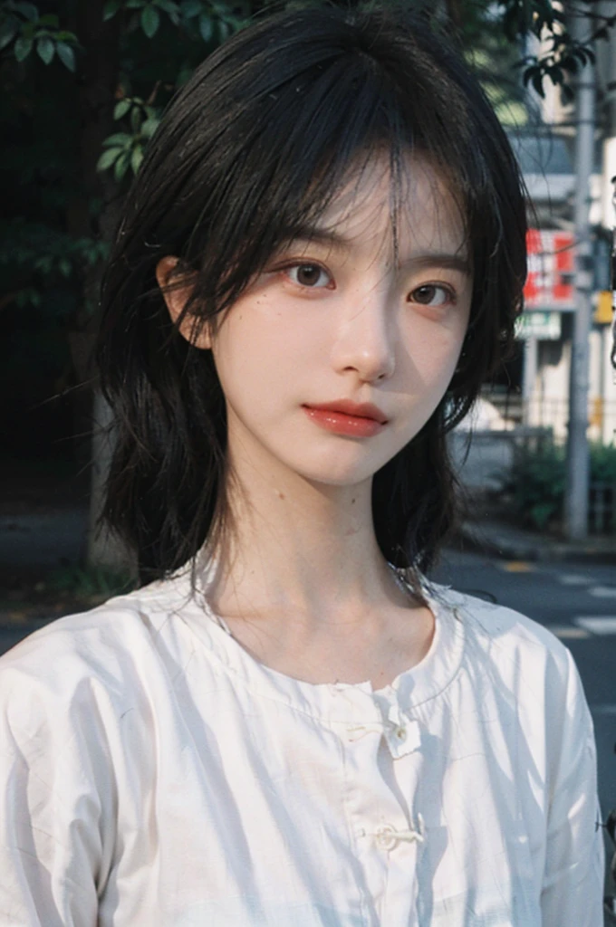 (Skin details:1.4), (smooth skin textures:1.3), Lipstick, background, earrings, serene, calm, (Realistic and detailed eyes：1.2）, Natural skin texture, Realistic facial details, Soft dramatic lighting, Vivid details, 35 mm film, outdoor, (Photo Practical:1.4), (hyper Practical:1.4), (Practical:1.3), (Smoother lighting:1.05), (Improve lighting quality:0.9), (Highest quality real skin textures:1.4), Exquisite eyes, Delicate face, Close-up of face, (Enhance the beauty of skin texture:1.1), Hair details,  normal body ratio, Moles under the eyes, thinking, A faint smile,公园background，Portrait Photography, Depth of Field, Bokeh, Surrealism, Ray Tracing, (Portrait Photography:1.1), Surrealism, High Detail, Chiaroscuro, Ray Tracing, reflected light, Ultra HD, Ultra HD, masterpiece, Textured Skin, Super Detail, High Detail, high quality, best quality