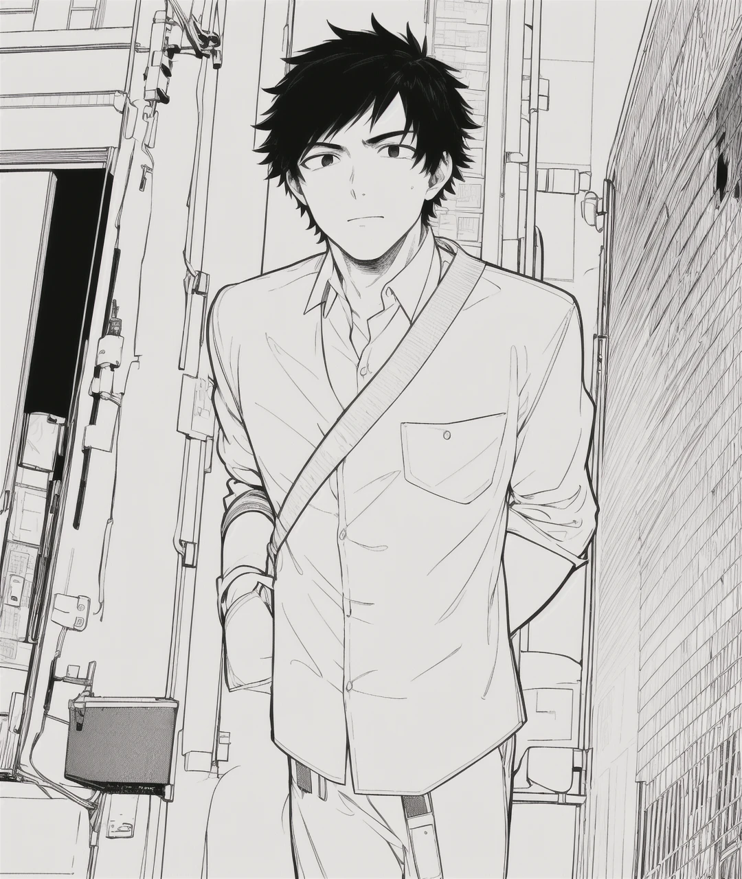 masterpiece, best quality, 1man, uniform, hand in pocket, school bag, black hair, black eyes, cyberpunk, street, monochrome, lineart