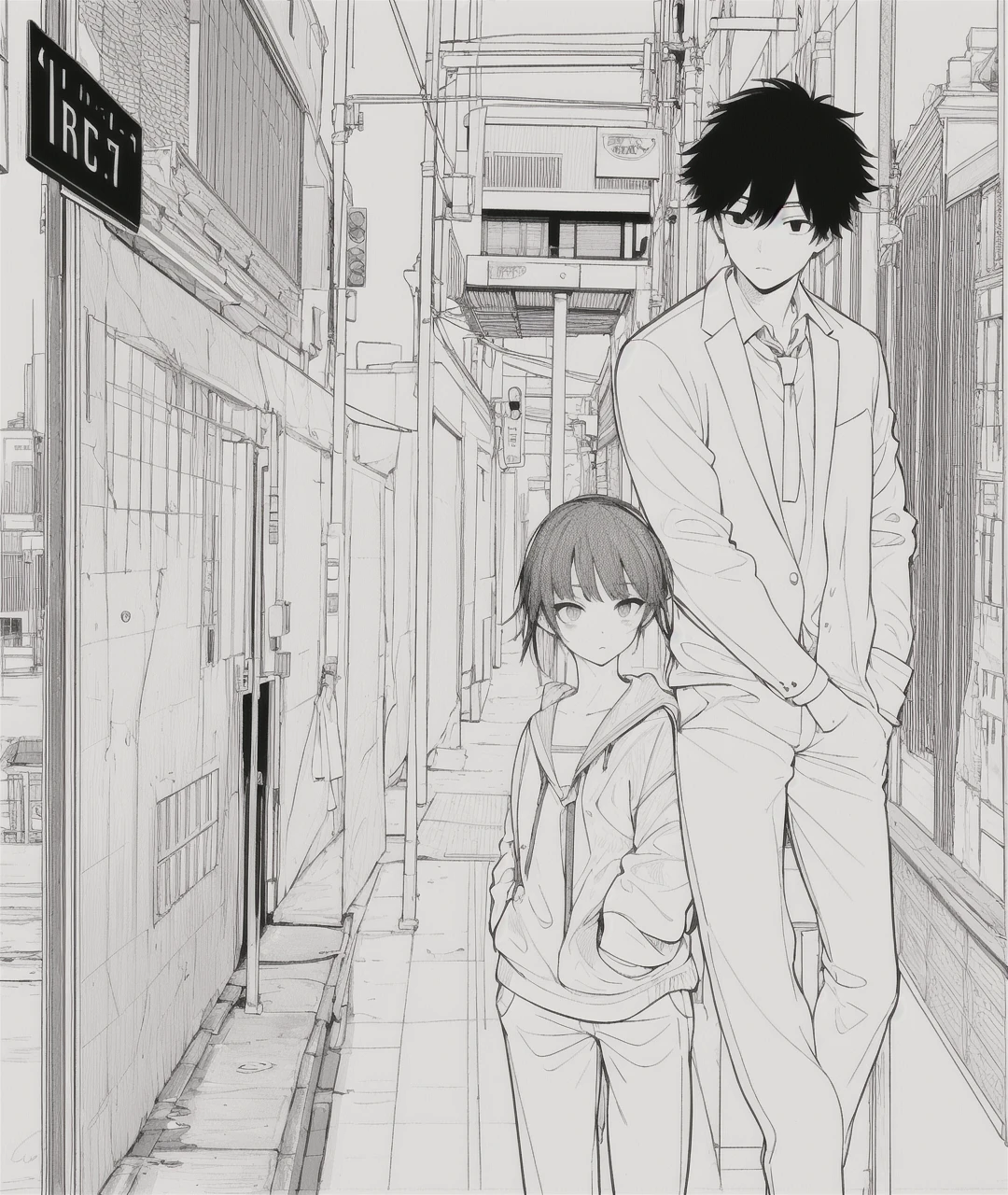 masterpiece, best quality, 1man, uniform, hand in pocket, school bag, black hair, black eyes, cyberpunk, street, monochrome, lineart