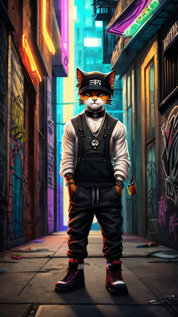 Create an image of a baby cat styled as a hip-hop rapper with a street gang appearance. The cat should have a confident and cool demeanor. Dress the cat in loose-fitting pants that sag slightly, and work boots. Add a skull necklace around its neck and an earring in one ear. The overall look should be edgy and urban, blending the cute features of a baby cat with the tough, stylish elements of a street rapper. The background should be a gritty urban setting, such as a graffiti-covered alleyway or a city street at night, to enhance the street gang vibe. The colors should be bold and vibrant, reflecting the dynamic and energetic nature of hip-hop culture.