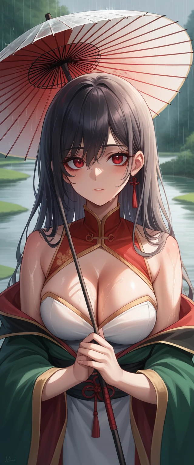 Chinese style,White Hanfu,Bai Suzhen holding an oil-paper umbrella,West Lake,bridge,Rainy Day,beautiful,Keen gaze,Half body,Close-up cleavage,Ultrafine,The hair is very detailed,The eyes are very detailed,Best quality,masterpiece,detailed,precise