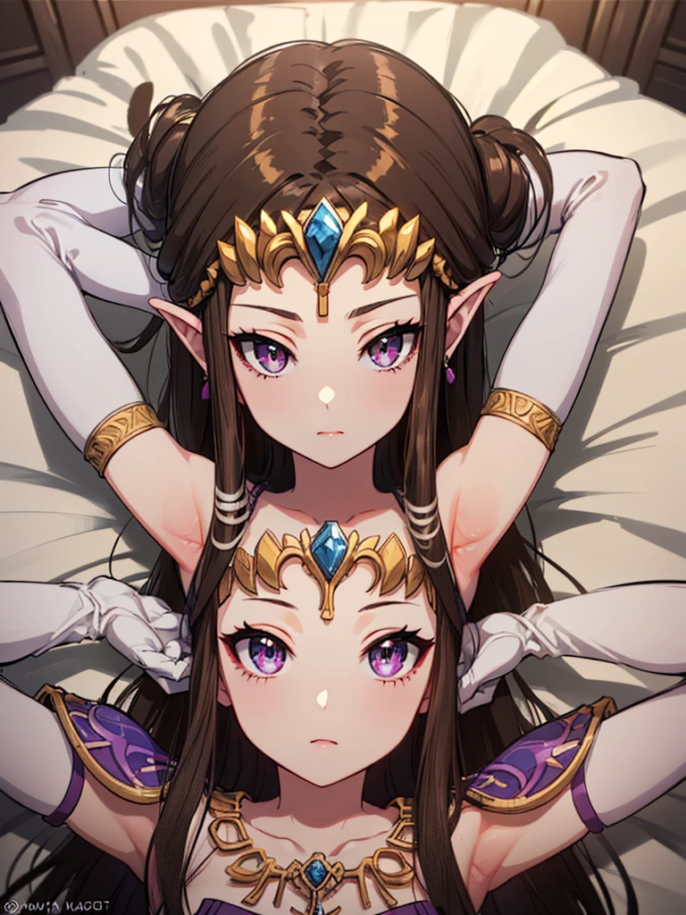 ((((((Arms above head)))))),((Princess Zelda)),((the legend of zelda)),((Front face)),((upper body)),Anime art style,masterpiece,(Dark brown hair), (Very detailed),(Very delicate and beautiful),(((((alone))))),((((pov)))),(Detailed face and eyes),Beautiful eyes like jewels,(Purple blouse),(((Mature Woman,Queen))),((1 Queen in a beautiful)),((crinoline)),(((Long Straight Hair))),(Very beautiful mature woman),,length_gloves,hair accessory,Sparkling,((Lying in bed))