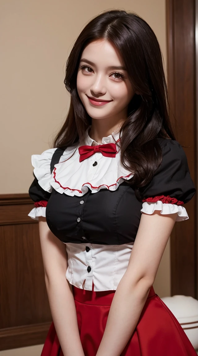Highest quality, masterpiece, Black Hair, Red eyes, look up, Upper Body, cute, Frilled shirt, smile,Redhead