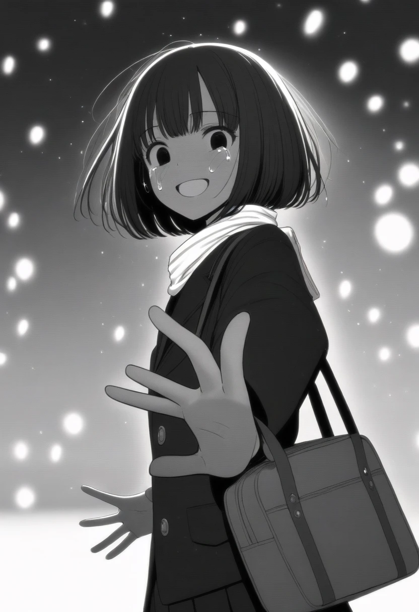 masterpiece, best quality, 1girl, mamerakkkkko, grayscale, manga style, japanese, chi no wadachi, black eyes, street, iced, black hair, schoolbag, smile, lineart, black coat, black scarf, black pleated skirt, leggins, centered, 18 years old, tall, fair skinned, bokeh background, crying, tears, tears streaming, bob cut, light particles, centered, snowing, (((reaching out left hand to viewer, perfect hand, detailed hand:1.1)), emotional anime scene
