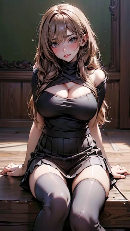 (Random pose),(Feel free to hairstyle),(Highest image quality,(8K),Surreal,best quality, high quality, HD, high quality texture,High Detail,Beautiful and detailed,fine,Extremely detailed CG,Detailed texture,Realistic reproduction of the face,masterpiece,Presence),sweater,Tight mini skirt,stocking,Engineer Boots(((Full and soft breasts,)))(((Huge breasts))) (((Cleavage)))