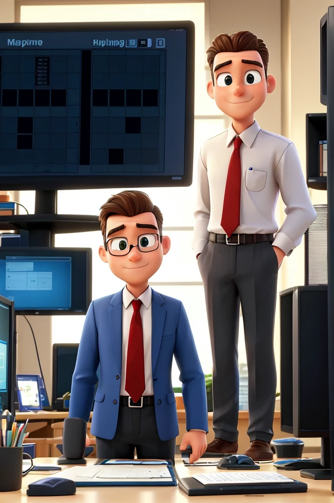 Create a professional man by working on a project! In front of a computer screen, he is planning a Lean Management planning framework! On your computer screen, the phased structure of your Lean Management project should appear!
