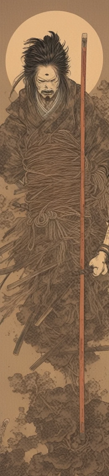 japanese line art , a samurai( tied up to a wooden steak with several arrows stuck in him,:1.2) lower body missing visible skeletal structure , ripped rags, rope and bloody ground, black skies and large moon , floral damask background , in the style of takato yamamoto ,