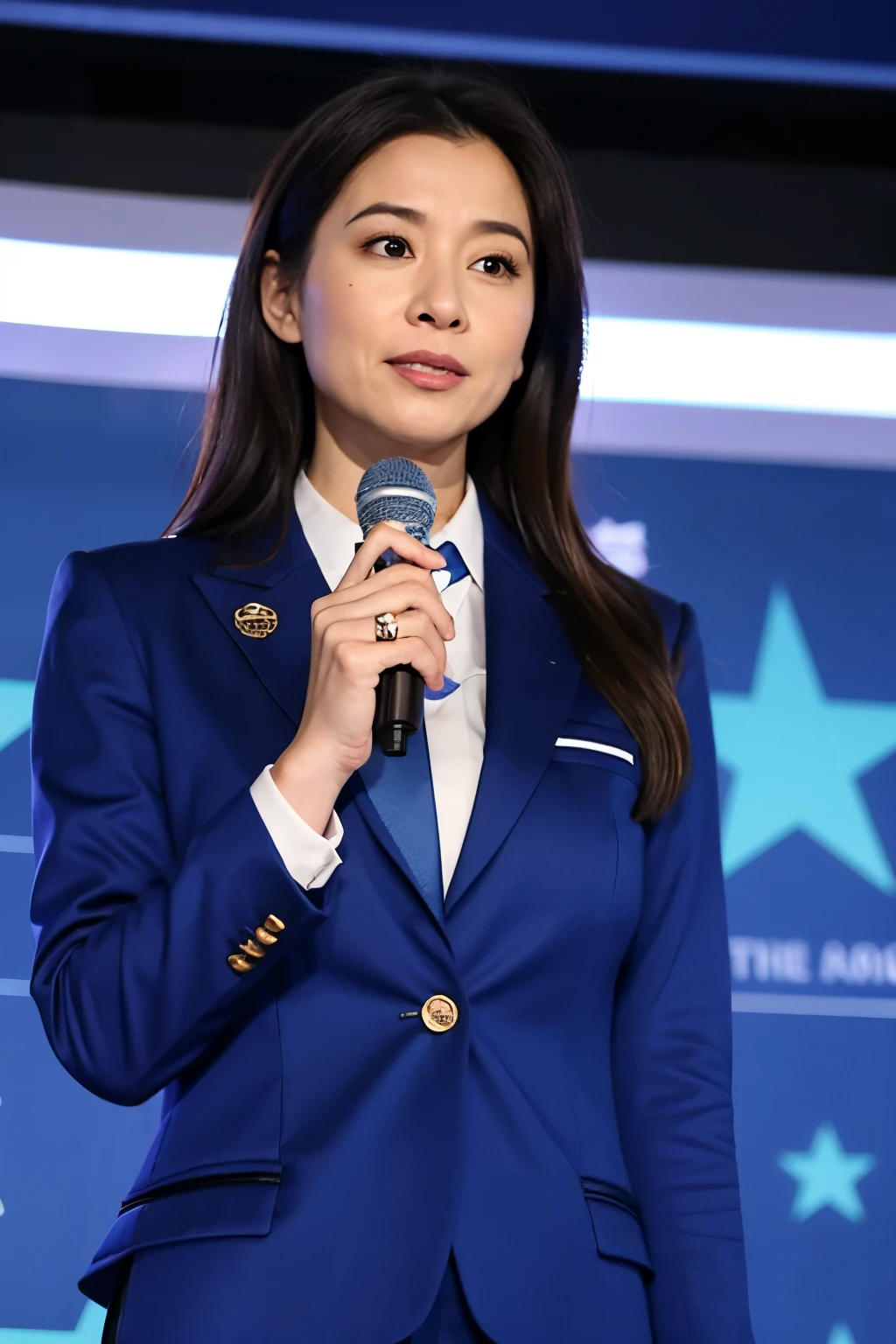 "A realistic photo of a professional woman standing alone at a podium, wearing a dark blue blazer and a white top with a deep neckline, with long dark hair, speaking into a microphone. The background is a plain blue color. She has a confident expression, and her face is different from the one in the provided image. Ensure the chest area is prominently defined and realistic. Place two microphones on the podium, one on each side, not in the center."
