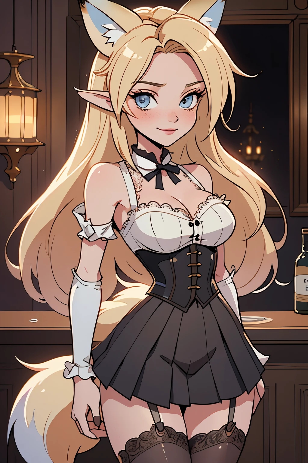 close up 1girl in, teenager, Solo, Aesthetic artwork, blond, straight blonde hair, super long blonde hair, light blue eyes, some small freckles, pale skin, (large fox ears:1.25), medium breasts, cleavage, runners body, Loli, , (thin hips, thin waist: 1.25), detailed skin, shy smile, wearing a steampunk outfit with lace, leather corset, ornamental copper parts, portrait, pleated skirt, 50mm, 8k textures, soft cinematic light, RAW intricate, elegant, highly detailed, sharp focus, ((((cinematic look)))), soothing tones, insane details, intricate details, hyperdetailed, low contrast, soft cinematic light, dim colors, exposure blend, hdr, faded