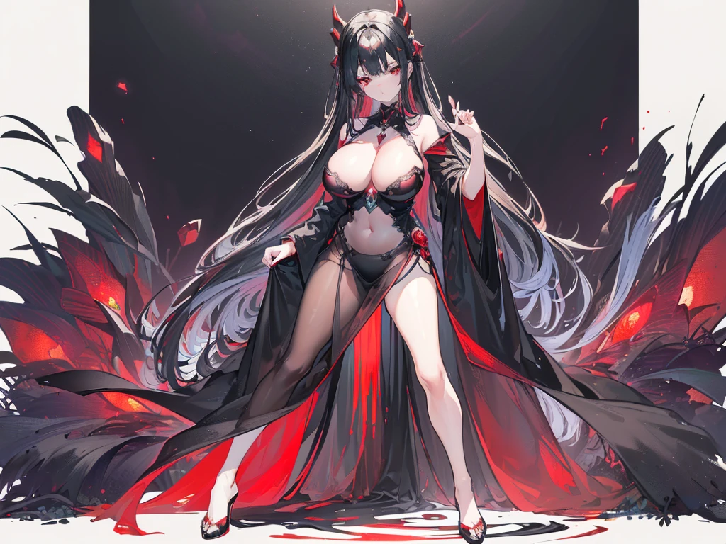 (Exquisite eyes),(Clear and beautiful eyes:1.61),masterpiece, ung girl,(Black clothes and some red gems), Black long hair, (She has a huge red gem on her chest), Good Hand,((The Havoc of StarCraft)),full-body shot,Fighting Stance,(Red Eyes:1.466),short and small,(Very big breasts:1.35),(Pretty Face),(full-body shot:1.33),Beautiful hands