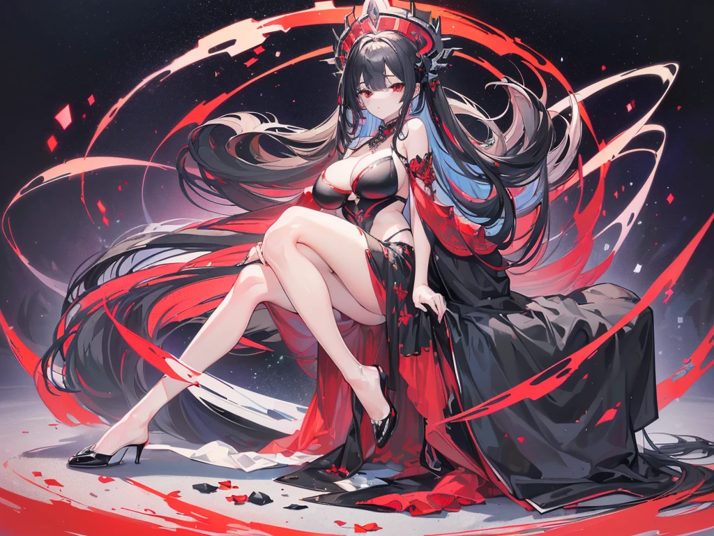 (Exquisite eyes),(Clear and beautiful eyes:1.61),masterpiece, 1 young girl,(Black clothes and some red gems), Black long hair, (She has a huge red gem on her chest), Good Hand,((The Havoc of StarCraft)),full-body shot,Fighting Stance,(Red Eyes:1.466)，short and small,(Very big breasts:1.35),(Pretty Face),(full-body shot:1.33),Beautiful hands