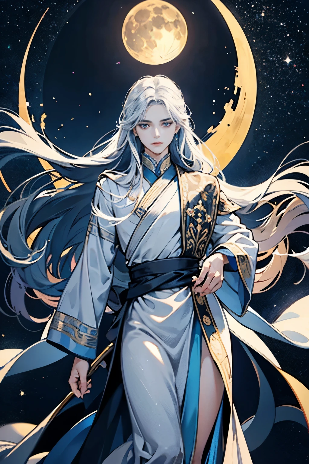"Create a highly detailed digital illustration of a God of the Moon with the following features, Male figure with a youthful, almost androgynous look, Long hair that flows dramatically, with alternating streaks of pure white and deep black as if it were the night sky itself, Piercing blue eyes that reflect the twinkling stars of the night sky, Exceptionally long thick eyelashes that frame the eyes dramatically, Smooth, porcelain-like skin with no visible facial or body hair, Delicate, slender build with no muscle definition or prominent features, Long, flowing robes in shimmering shades of silver, gray, and midnight blue, Intricate patterns and accents of crescent moons, full moons, and stars decorating the robes, The robes have a sense of ethereal movement, as if blowing in an otherworldly breeze, No other visible accessories or jewelry, allowing the robes to be the focal point, The figure is centered in the frame, standing or floating in a serene, majestic pose, The background is dark and atmospheric, with a sense of cosmic vastness and mystery, Lighting and shadows should be used to accentuate the God’s otherworldly features and the flow of the robes, The overall aesthetic should convey a sense of divine power, grace, and celestial mysticism"