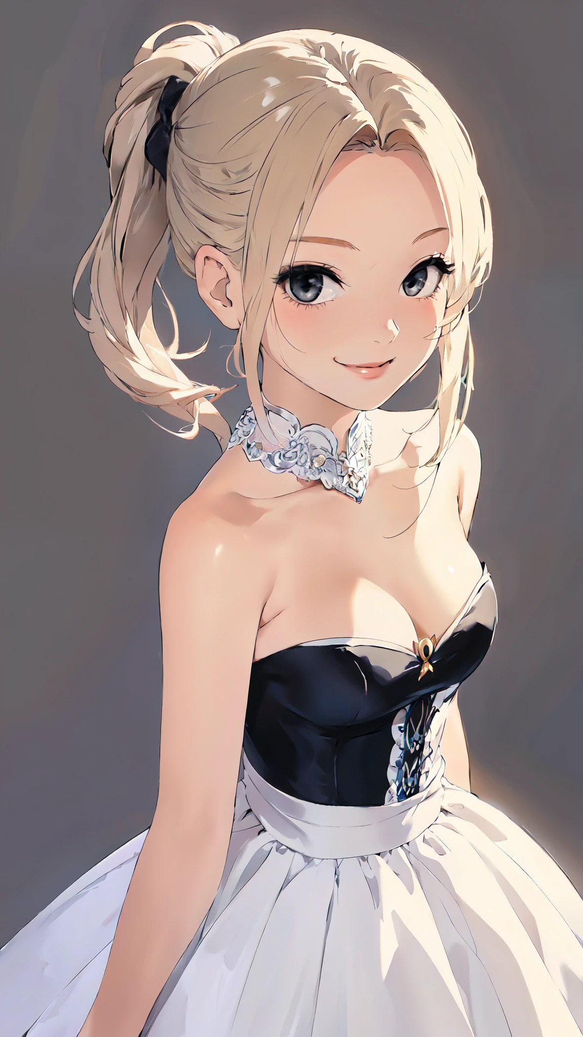 solo, 1girl, strapless, bride dress, simple background, seductive smile, middle breasts, middle hair, dark blonde, pony tail