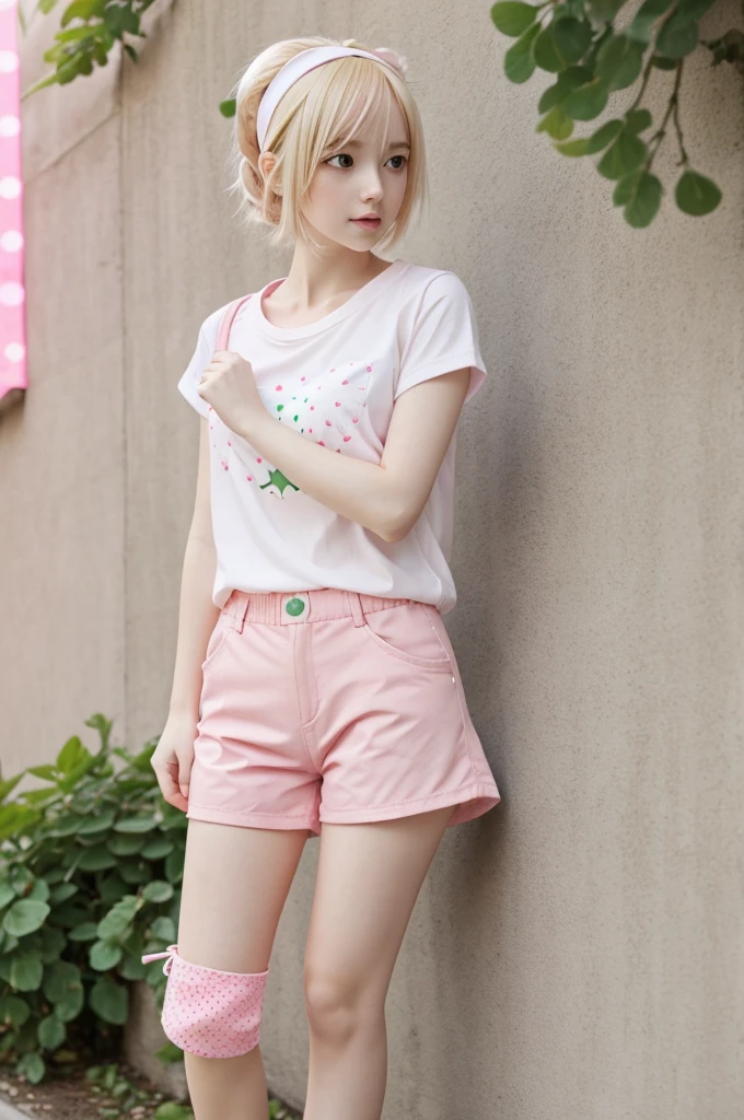 Anime manga style female character, pale skin color, blonde hair with a large white plush headband and little stars, faceless, strawberry style shirt, short pink shorts, knees with a low pink tone and on the legs small pink and green dots