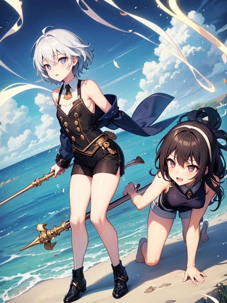 Femboy, off the sholder coast, short pants, magicians, hand holding staff, full body