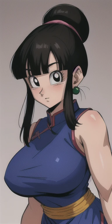 chichi_dbz, standing, solo, large_breasts, Chichi_Blue_China_Dress, masterpiece, best quality, detailed face, detailed eyes, highres,