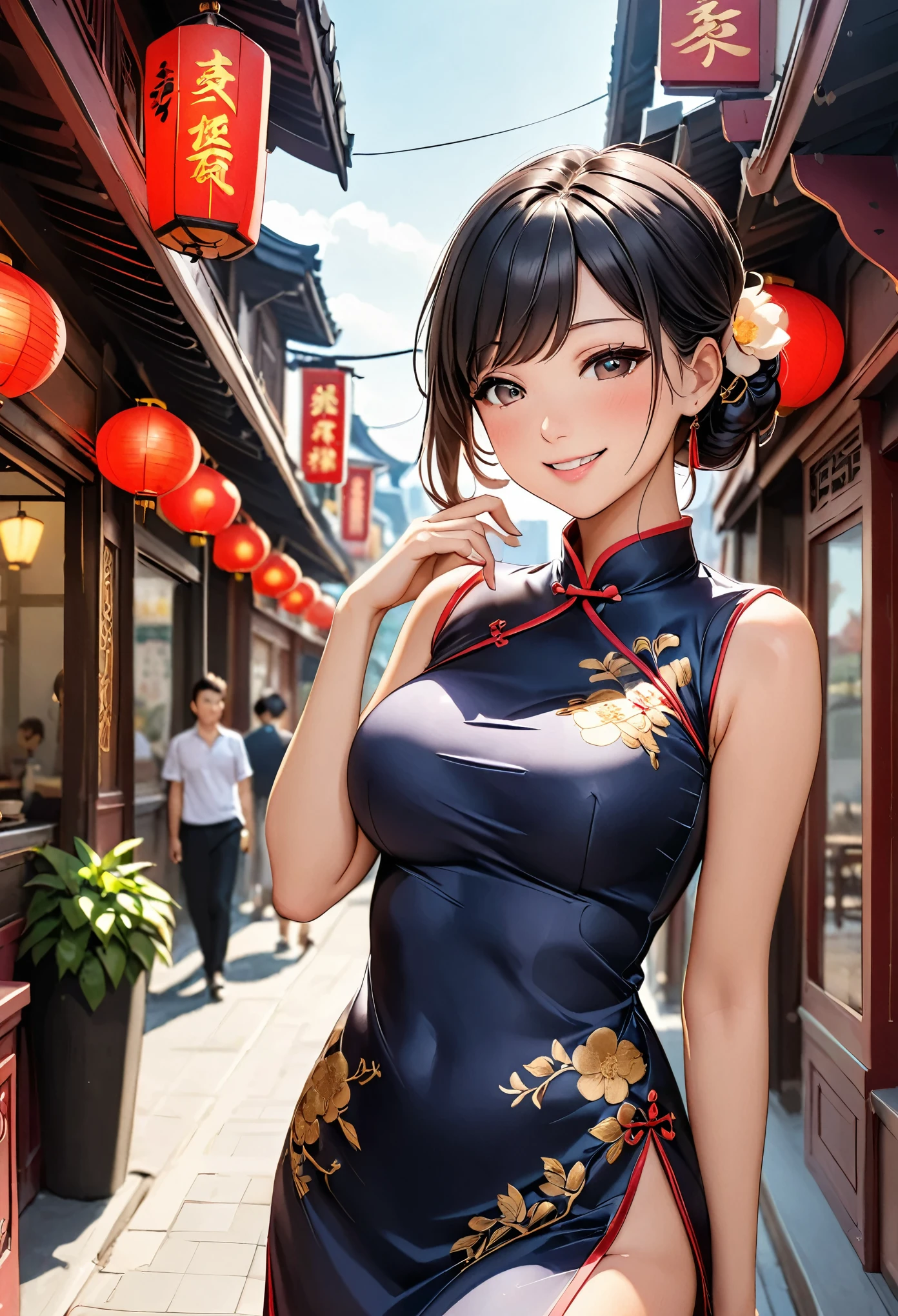 A beautiful woman, city,(standard silk cheongsam), (flower chignon), (gold embroidery thread), (slik), outdoor chinese restaurant, open mouth smile, ((black hair)), little blush, side, (breast), Reflecting the buttocks