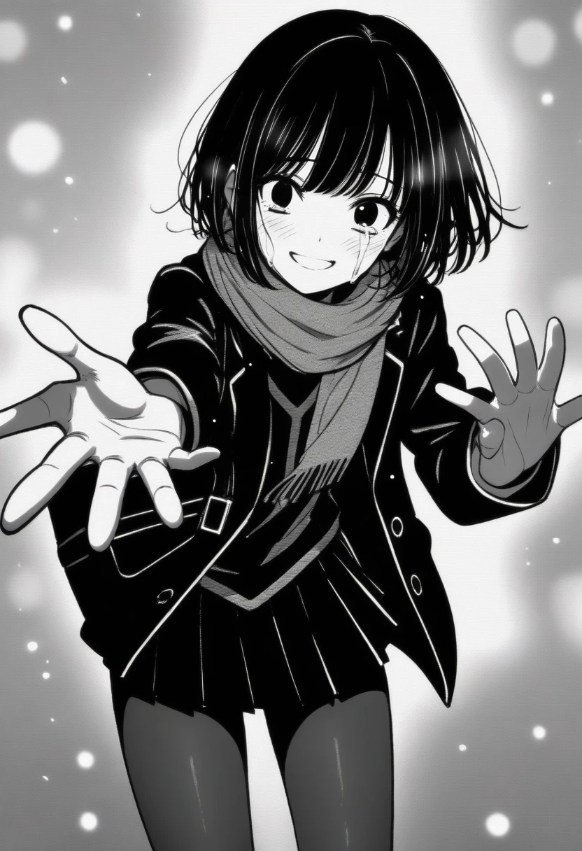 masterpiece, best quality, 1girl, mamerakkkkko, grayscale, manga style, japanese, chi no wadachi, black eyes, street, iced, black hair, schoolbag, smile, lineart, black coat, black scarf, black pleated skirt, leggins, centered, 18 years old, tall, fair skinned, bokeh background, crying, tears, tears streaming, bob cut, light particles, centered, snowing, (((reaching out left hand to viewer, perfect hand, detailed hand:1.1)), emotional anime scene
