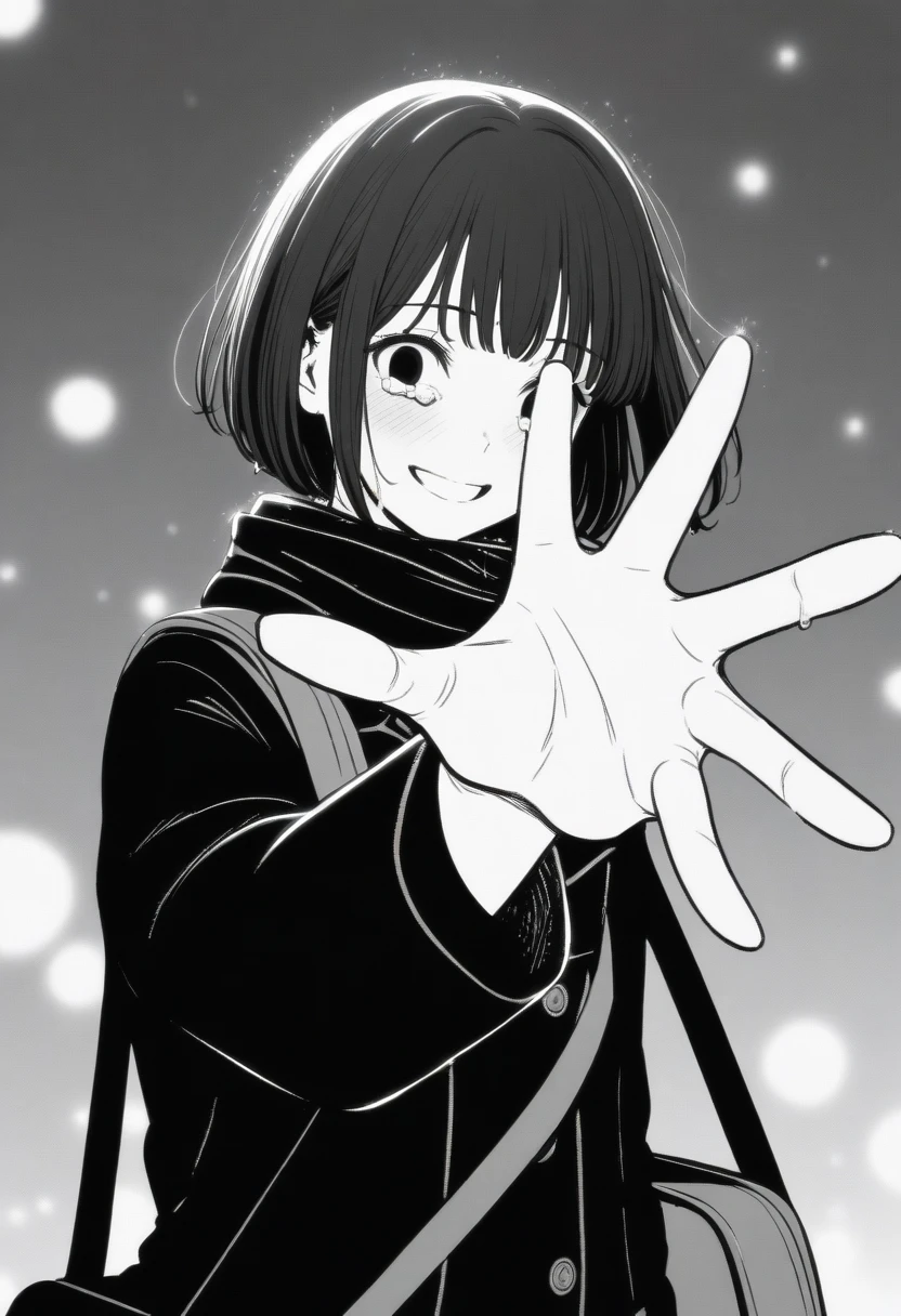 masterpiece, best quality, 1girl, mamerakkkkko, grayscale, manga style, japanese, chi no wadachi, black eyes, street, iced, black hair, schoolbag, smile, lineart, black coat, black scarf, black pleated skirt, leggins, centered, 18 years old, tall, fair skinned, bokeh background, crying, tears, tears streaming, bob cut, light particles, centered, snowing, (((reaching out left hand to viewer, perfect hand, detailed hand:1.1)), emotional anime scene
