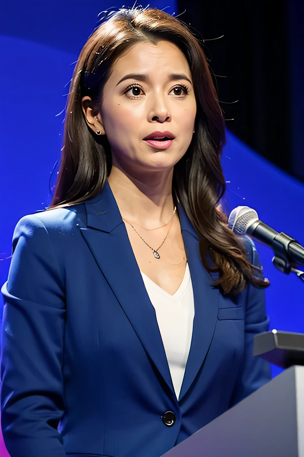 "A realistic photo of a professional woman standing alone at a podium, wearing a dark blue blazer and a white top with a deep neckline, with long dark hair, speaking into a microphone. The background is a plain blue color. She has a confident expression, and her face is different from the one in the provided image. Ensure the chest area is prominently defined and realistic. Place two microphones on the podium, one on each side, not in the center."