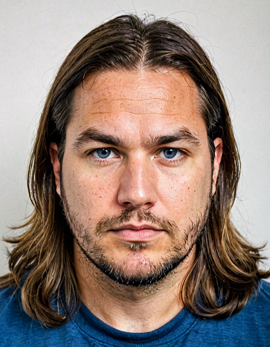 pure white background, white id photo, closeup, photo of 35 y.o man in blue clothes, serious face, chubby, long hair
