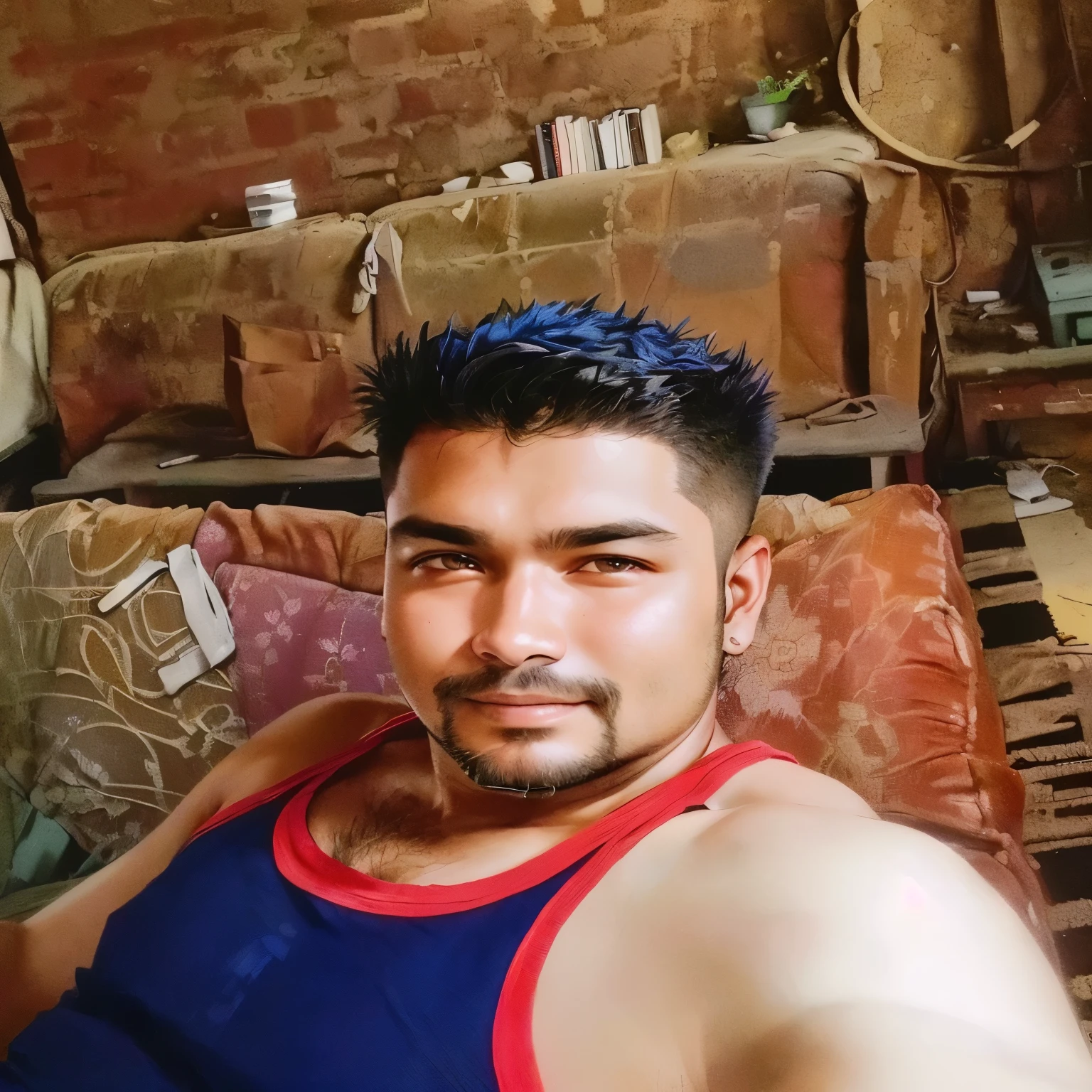 there is a man sitting on a couch with a red and blue tank top, 4 0 years old man, around 1 , without helmet, selfie photo, with accurate face, vinayak, 8k selfie photograph, assamese, without beard, front profile!!!!, very very low quality picture, about 3 5 years old