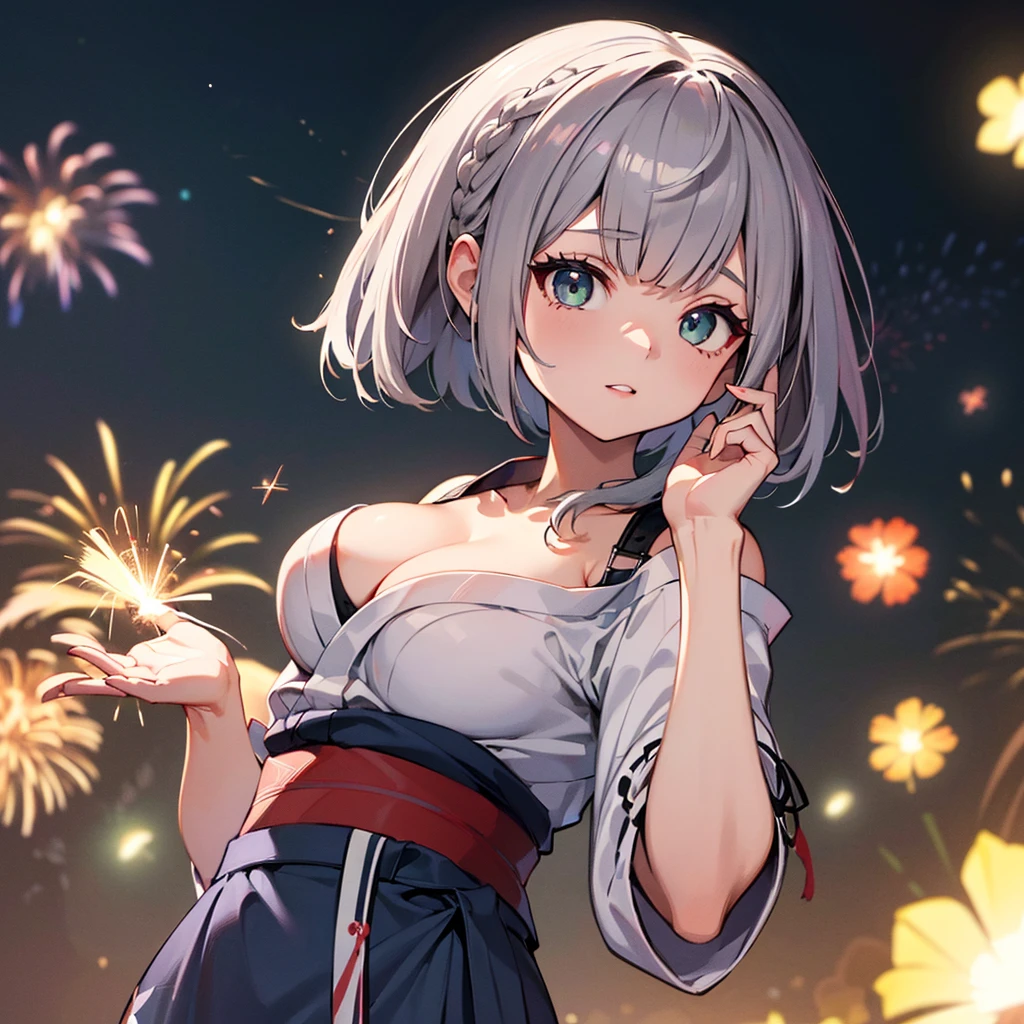 Ultra-high resolution,masterpiece, Attention to detail, Highest quality, 4K,(Silver braided short bob),(Blessed,Captivating body、Ultra-detailed skin、Beautiful Eyes、Detailed Background),One girl、(yukata),firework,大量のfirework,Night view,