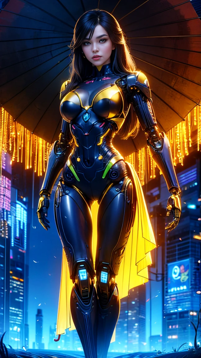 top quality, future world, State-of-the-art robot, Beautiful Woman, flying hair, Transformed into a cyborg except for the face,  Transformed into a cyborg except for the shoulder, sexy images, whole body photo, (((yellow Umbrella)))