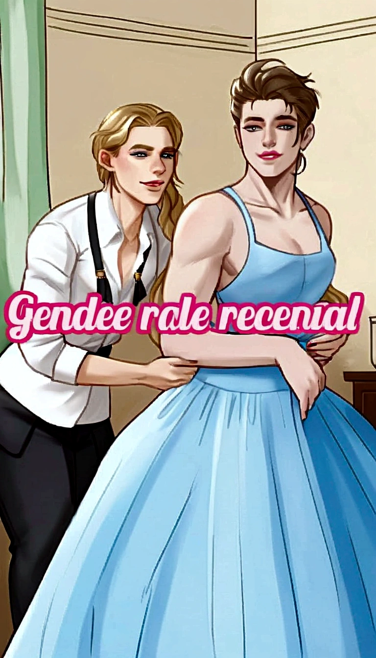 there is a cartoon picture of a man and woman in a dress, genderswap, genderless, androgynous person, gentle femdom, androgynous male, madonna genderbend elegant, extremely gendered, male and female, reivaille, joe biden as a transgender woman, ; visual novel, by Verónica Ruiz de Velasco, reverse