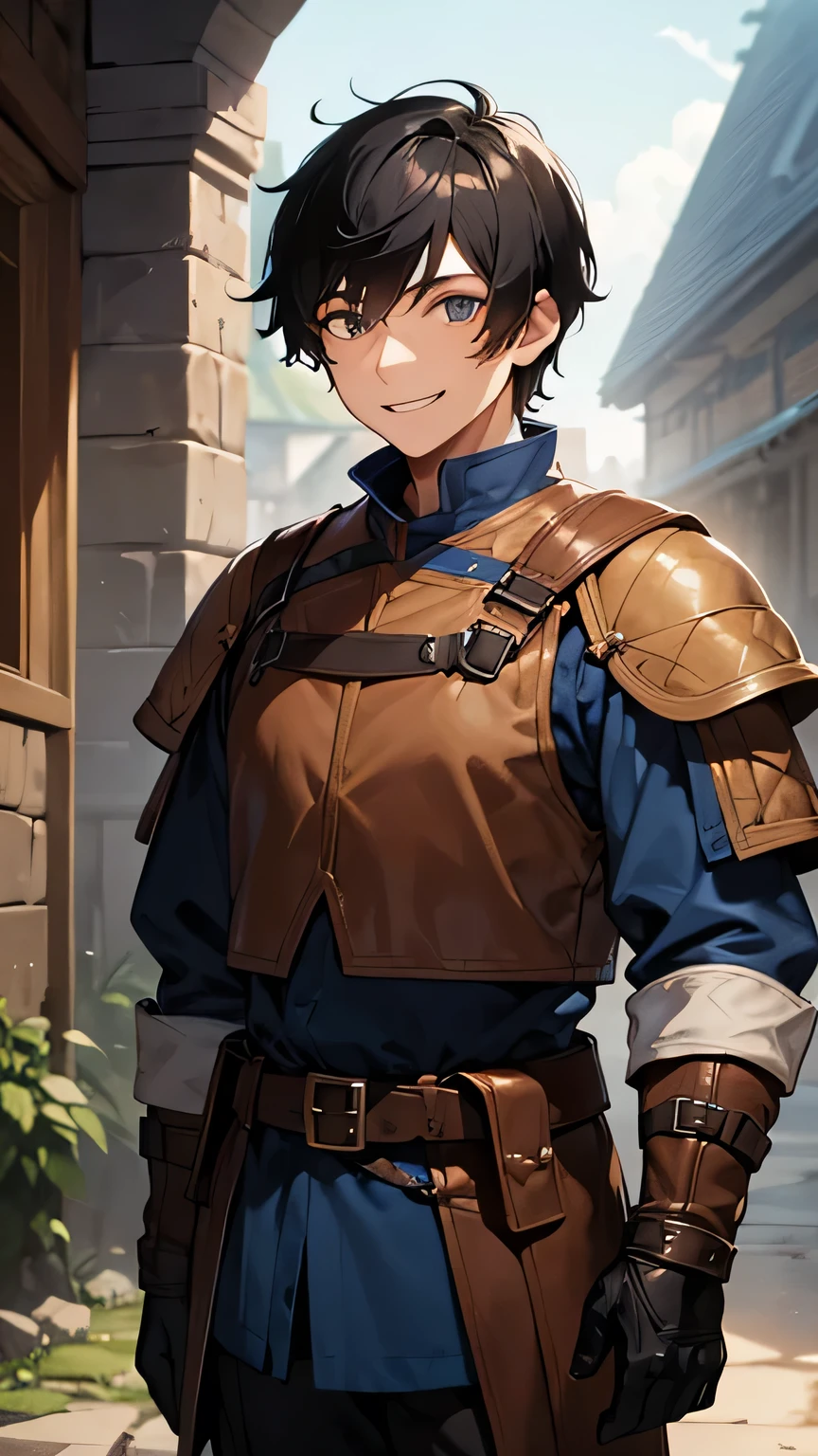 (Best quality, dynamic lighting, highly detailed, HDR) young man, short black hair, smiling, friendly, simple brown medieval outfit, blue fantasy outfit, adventurer outfit, belt, gloves and boots.