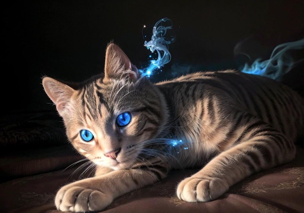 (best quality, 4k, 8k, high resolution, masterpiece: 1.2), ultra detailed, (realistic, photorealistic, photorealistic: 1.37), cat lying in the room, with luminous blue smoke and sparkles around the body. A wonderful award-winning image