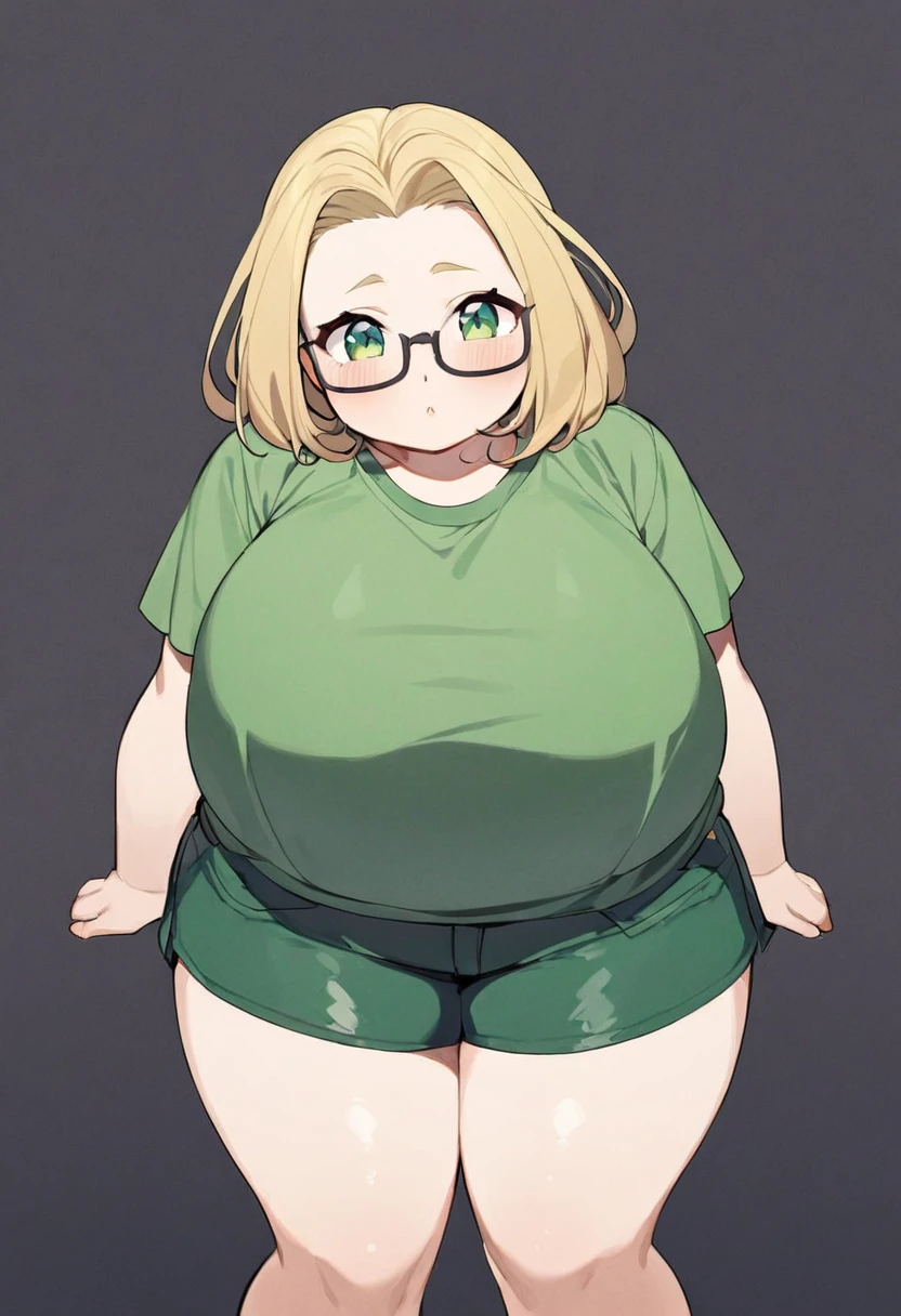 chubby girl, blonde, green eyes, medium length hair, open forehead, no bangs, square-rimmed black glasses, short green shorts, shorts, The green shirt