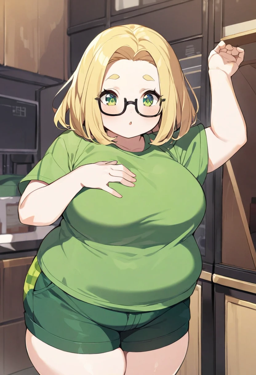 chubby girl, blonde, green eyes, medium length hair, open forehead, no bangs, square-rimmed black glasses, short green shorts, shorts, The green shirt 