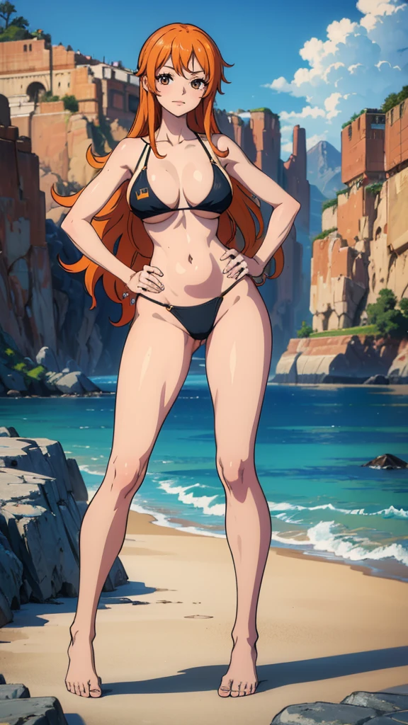 (best quality), (masterpiece), 4k, masterpiece, best quality, ultra detailed, high-resolution, 8k, Masterpiece, best quality, high resolution, 1 woman, Nami , orange long hair , black bikini, abdomen, large breasts , bare feet, hands on hips , barefoots, full body , public , city , many people