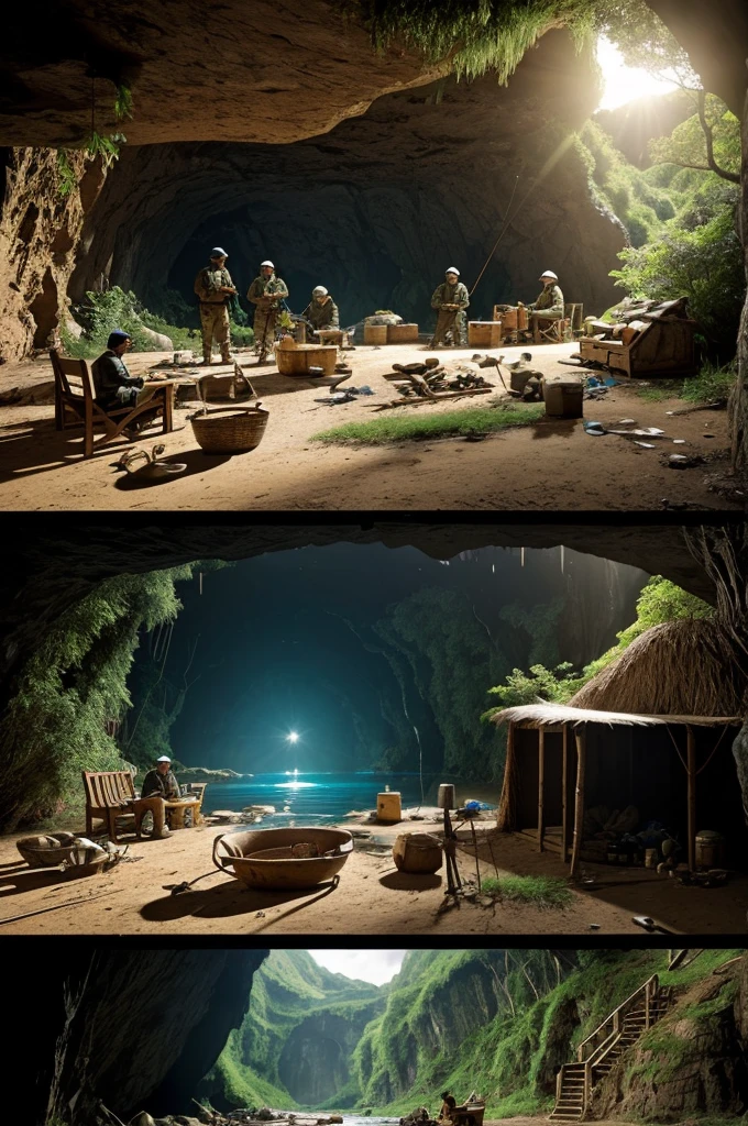 Exploration and Adaptation:
A series of vignettes showing different survival activities: discovering the source of fresh water, building a shelter in a cave, hunting and fishing. Each vignette can highlight the collaboration and ingenuity of the group.