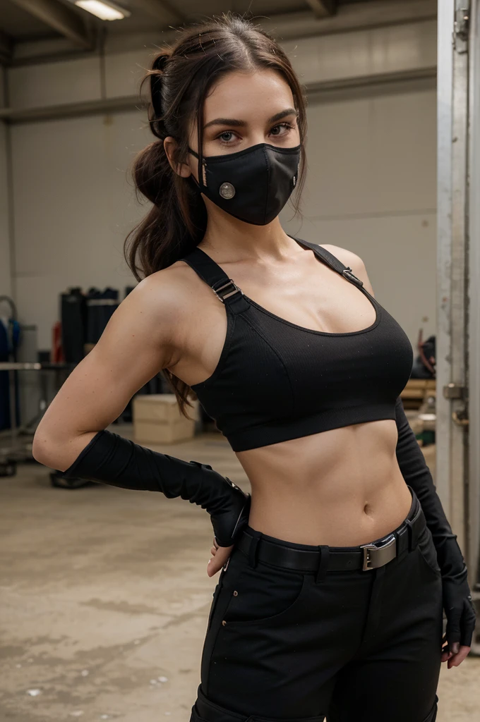 Outfit**: The Machinist wears a black unisex, utility outfit, consisting of a tank top and pants. This outfit is both practical and elegant, designed to offer great freedom of movement. - **Accessories**: She is equipped with a belt with various pockets and buckles, demonstrating her preparedness for various situations. A harness adds to the functionality of her outfit. - **Helmet**: On her head, she wears a red welding helmet with a distinctive and futuristic design. This helmet appears to be multifunctional, providing protection and improved vision. She can also wear a matching mask, covering her entire face, which enhances her mysterious and battle-ready appearance. - **Hair**: Her black hair is styled in two high, messy buns, with flyaways sticking out from her helmet, adding to her casual and edgy appearance. - **Gloves**: She wears red gloves, thick and sturdy, which go up to her forearms. These gloves are designed for physical work and combat. - **Posture**: His posture is relaxed but confident, with one hand on his hip and the other carrying a tool or weapon on his shoulder, demonstrating an attitude that is both nonchalant and ready to act.